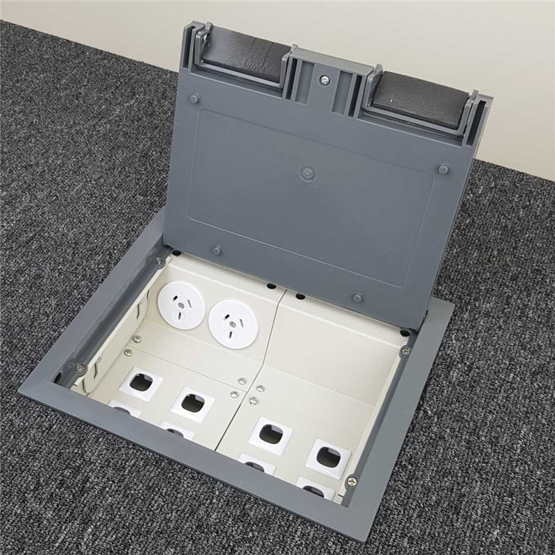 Floor Box with Plastic 9mm Recess Lid, 2 x Power, 8 x Data & AV Plate