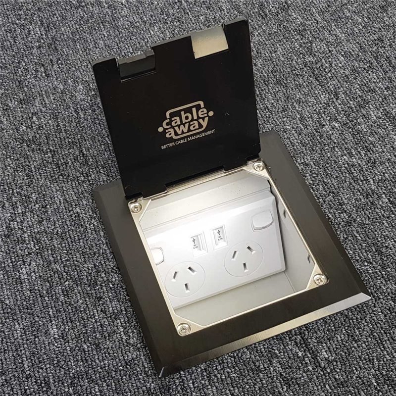 Floor Outlet Box 1 Standard GPO  USB Charge Stainless Steel Black Flush 145 Series