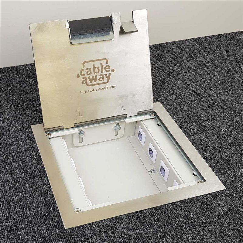 Shallow Floor Box Square Edge Stainless Flush Lid, 4 x Power, 4 x Data