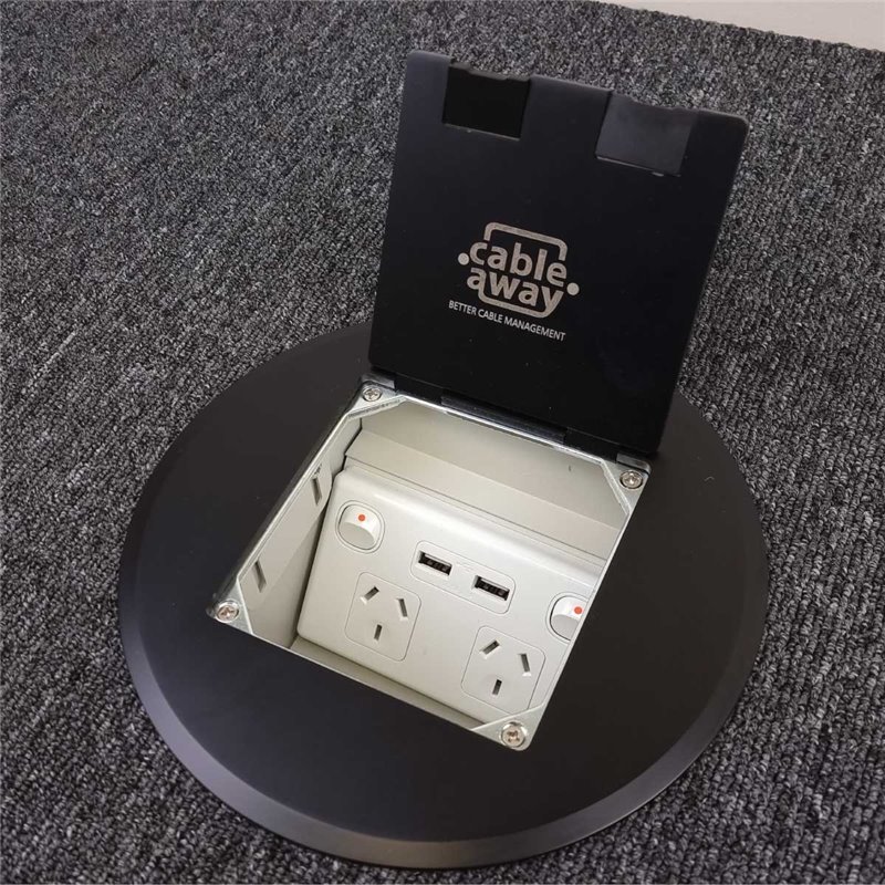 Floor Outlet Box 1 Standard DGPO (2 x USB Charge)Black Stainless Steel Round Flush 145 Series