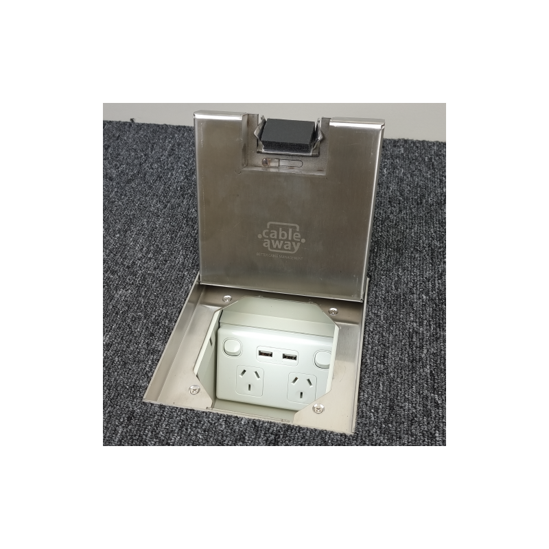 Floor Outlet Box 1 Standard GPO ( 2 x USB charge) 19mm Stainless Steel Recess lid 145 Series