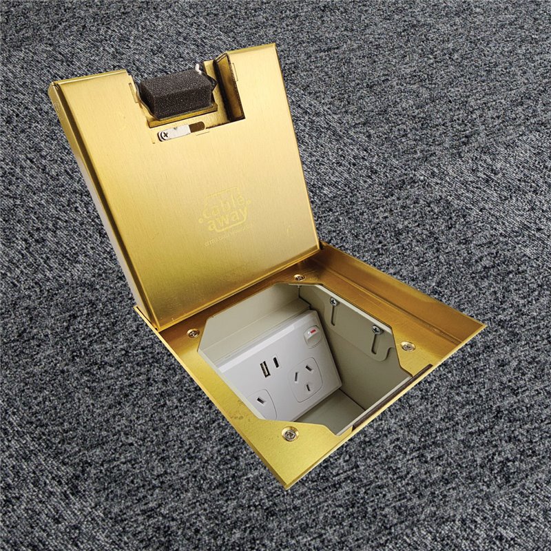 Floor Outlet Box 1 x Standard GPO + USB Charge A + C 19mm Brass Recessed Lid 145 Series