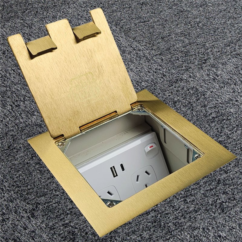 Floor Outlet Box 1 Standard GPO USB (1 X USB A & 1 X USB C) Brass Flush Square Edge Lid 145 Series 