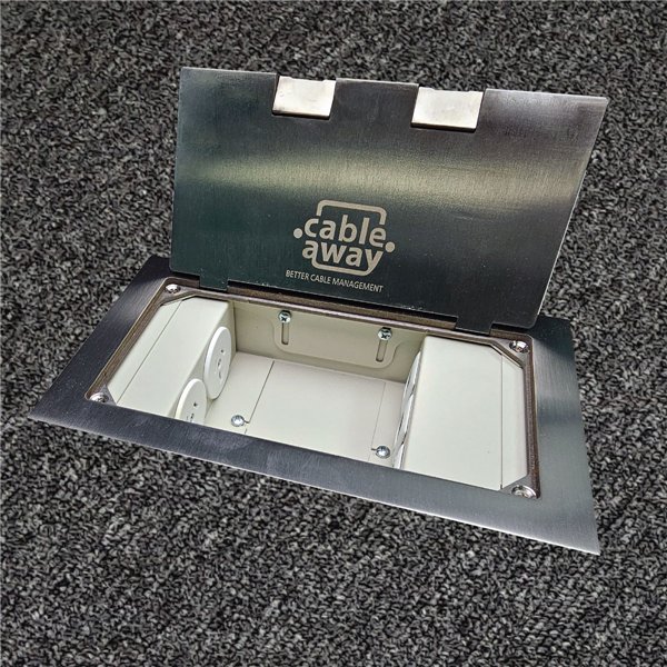 Floor Outlet Box 2 x 10amp Auto Swiched Outlets 3 x Data Provisions - Stainless Steel Flush Square Edge 245 Series (Shallow)