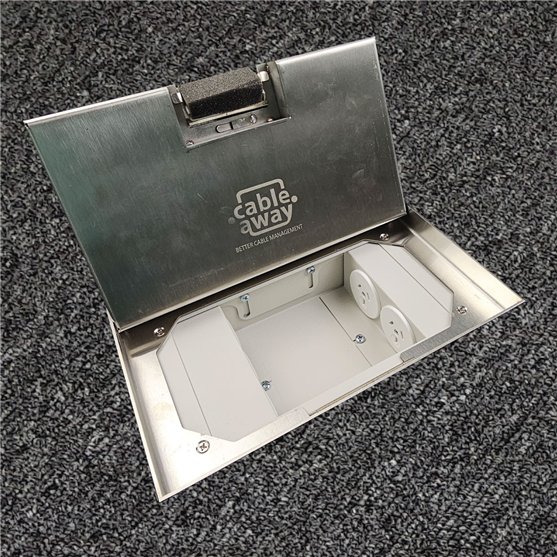 Floor Outlet Box 2 x 10amp Auto Swiched Outlets 3 x Data Provisions - Stainless Steel Ressessed (19mm) 245 Series (Shallow)