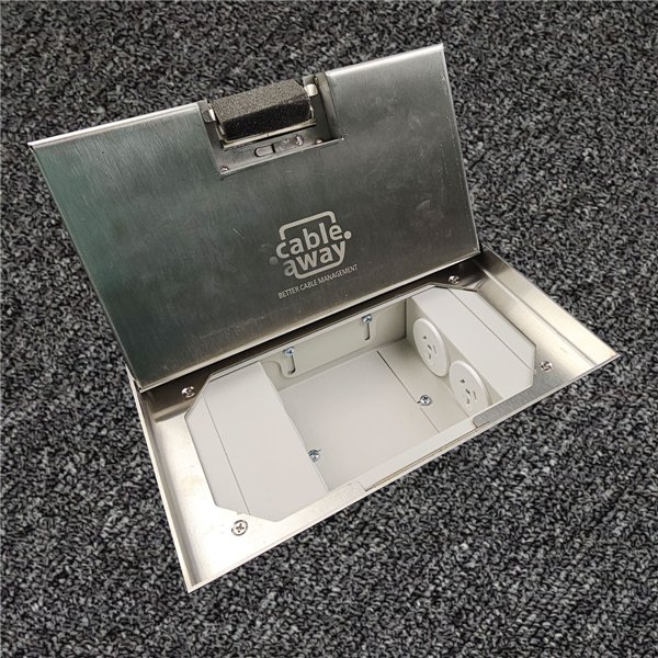 Floor Outlet Box 2 x 10amp Auto Swiched Outlets 3 x Data Provisions - Stainless Steel Ressessed (19mm) 245 Series (Shallow)
