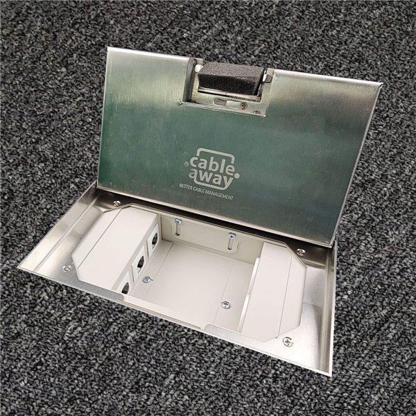 Floor Outlet Box 2 x 10amp Auto Swiched Outlets 3 x Data Provisions - Stainless Steel Ressessed (19mm) 245 Series (Shallow)