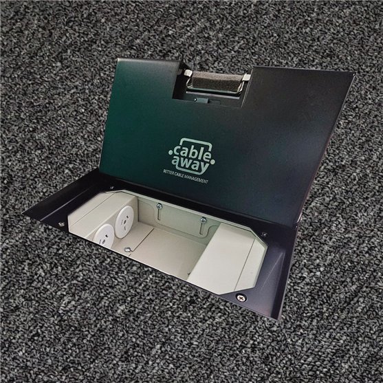 Floor Outlet Box 2 x 10amp Auto Swiched Outlets 3 x Data - Stainless Steel Black Ressessed (19mm) Lid 245 Series (Shallow)