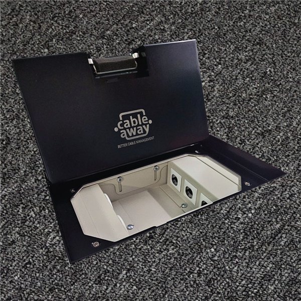 Floor Outlet Box 2 x 10amp Auto Swiched Outlets 3 x Data - Stainless Steel Black Ressessed (19mm) Lid 245 Series (Shallow)