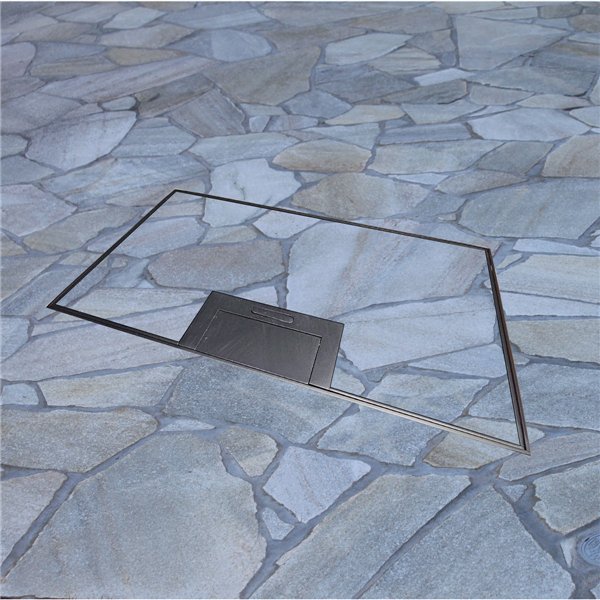 Floor Outlet Box 4 x 10amp Auto Swiched Outlets - Stainless Steel Black Ressessed (19mm) Lid 245 Series (Shallow)