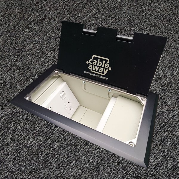 Floor Outlet Box 2 x Standard Outlets- Stainless Steel Black Flush Lid 245 Series (Shallow)