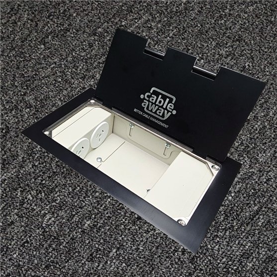 Floor Outlet Box 2 x 10amp Auto Swiched Outlets 3 x Data - Stainless Steel Black Flush Lid (Square Edge) 245 Series (Shallow)