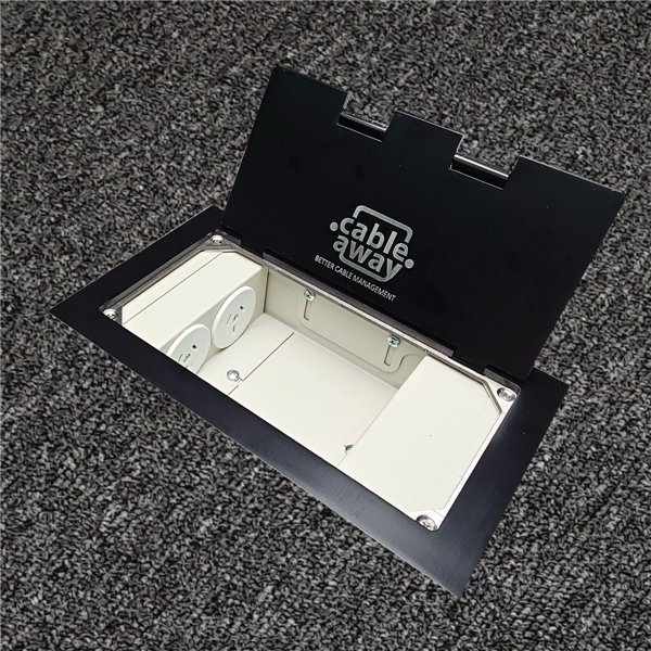 Floor Outlet Box 2 x 10amp Auto Swiched Outlets 3 x Data - Stainless Steel Black Flush Lid (Square Edge) 245 Series (Shallow)