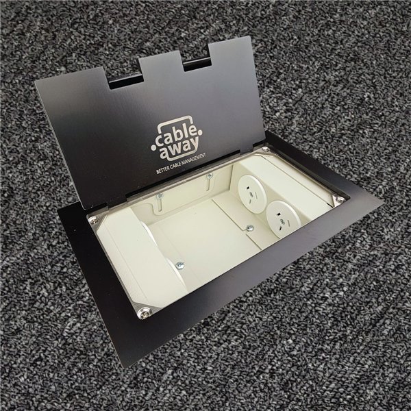 Floor Outlet Box 4 x 10amp Auto Swiched Outlets - Stainless Steel Black Flush Lid (Square Edge) 245 Series (Shallow)