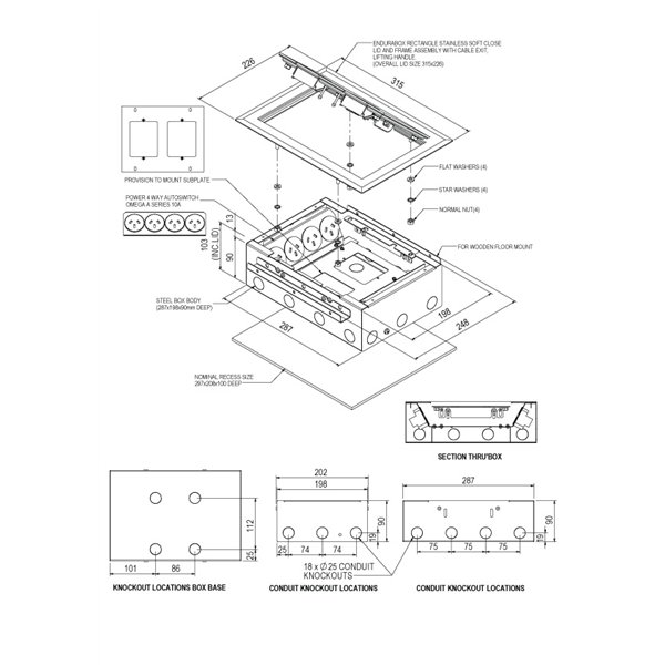 Floor Box 8 x Auto Swiched Power Outlets + Data Provisions Stainless Steel Heavy Duty Flush Lid (Soft Close)