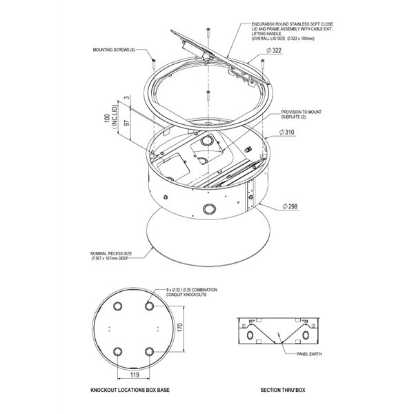 Floor Box 4 x Standard Outlet Provisions Round Stainless Steel Flush Lid (Soft Close)