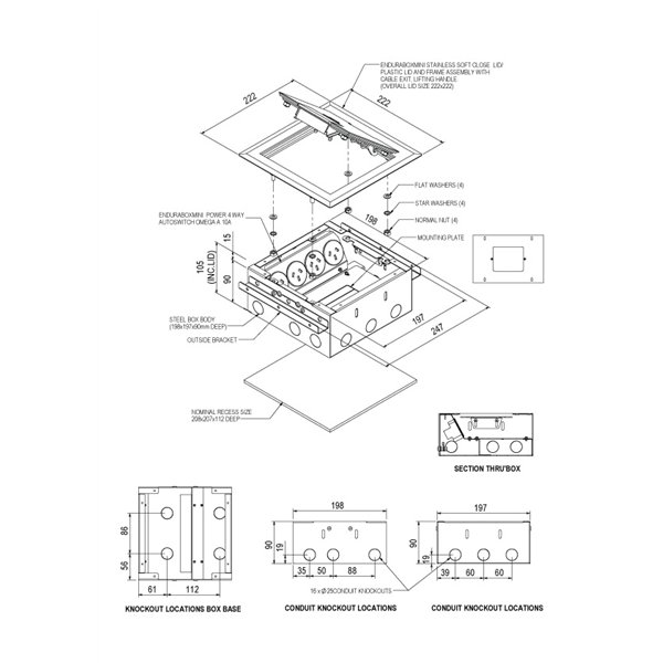 Floor Box 4 x Auto Swiched Power Outlets + Data Provisions Stainless Steel Heavy Duty Flush Lid (Soft Close)