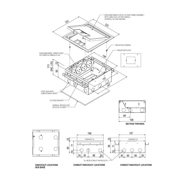 Floor Box 4 x Auto Swiched Power Outlets + Data Provisions Stainless Steel Heavy Duty Flush Lid (Soft Close)