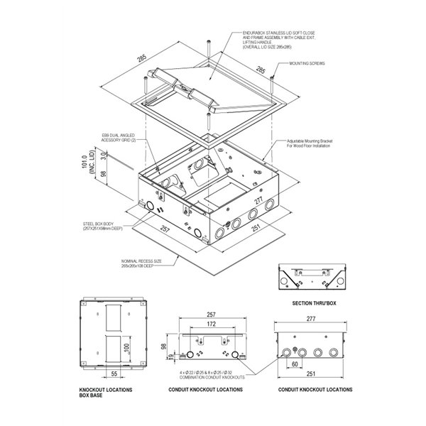 Floor Box 4 x Standard Outlet Provisions Round Stainless Steel Flush Lid (Soft Close)