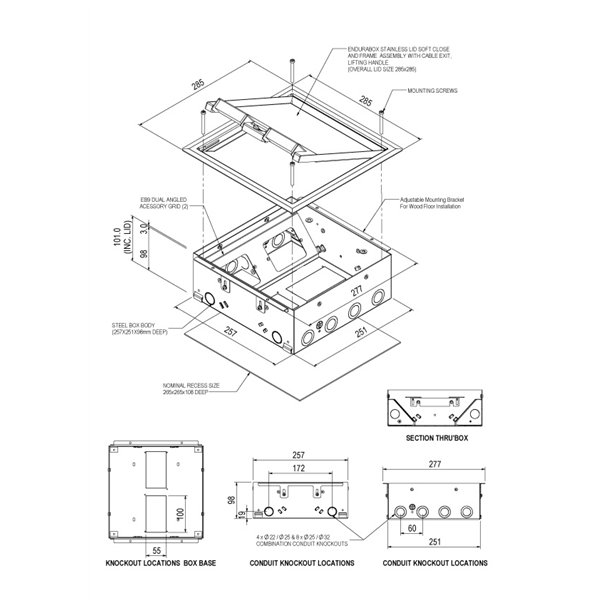 Floor Box 4 x Standard Outlet Provisions Stainless Steel Flush Lid (Soft Close)