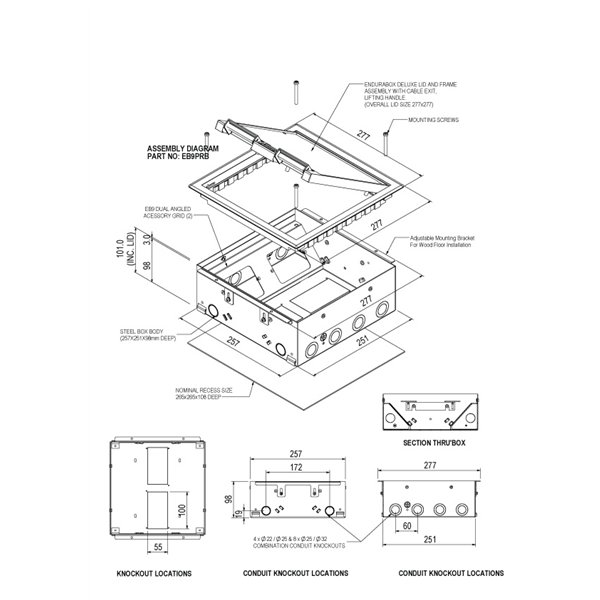 Floor Box 4 x Standard Outlet Provisions Stainless Steel Recessed Lid (Soft Close)