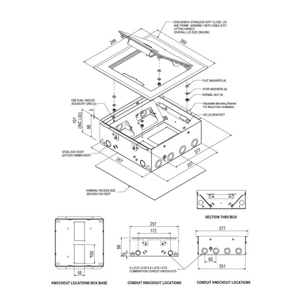 Floor Box 4 x Standard Outlet Provisions Stainless Steel Flush Lid (Soft Close)