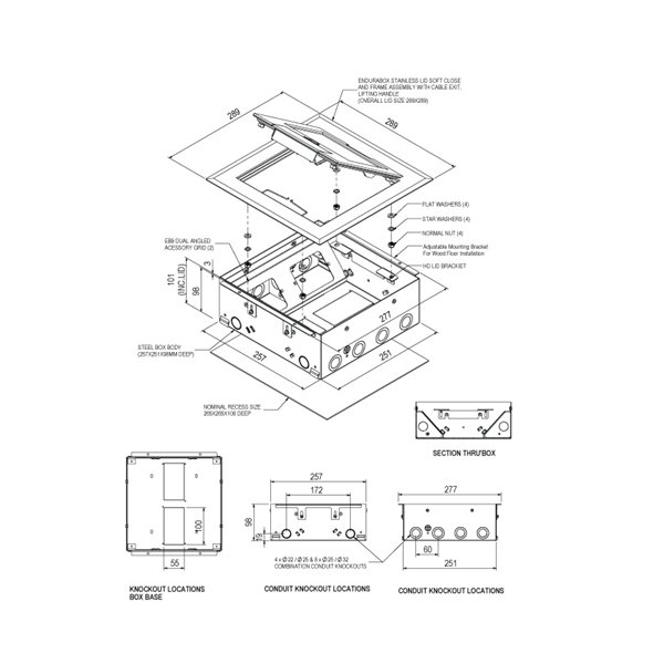 Floor Box 4 x Standard Outlet Provisions Heavy Duty Stainless Steel Flush Lid (Soft Close)