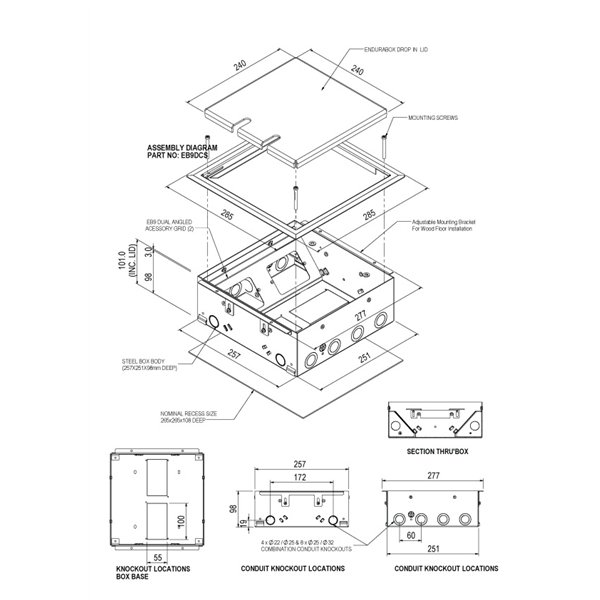 Floor Box 4 x Standard Outlet Provisions Stainless Steel Flush Lid (Soft Close)
