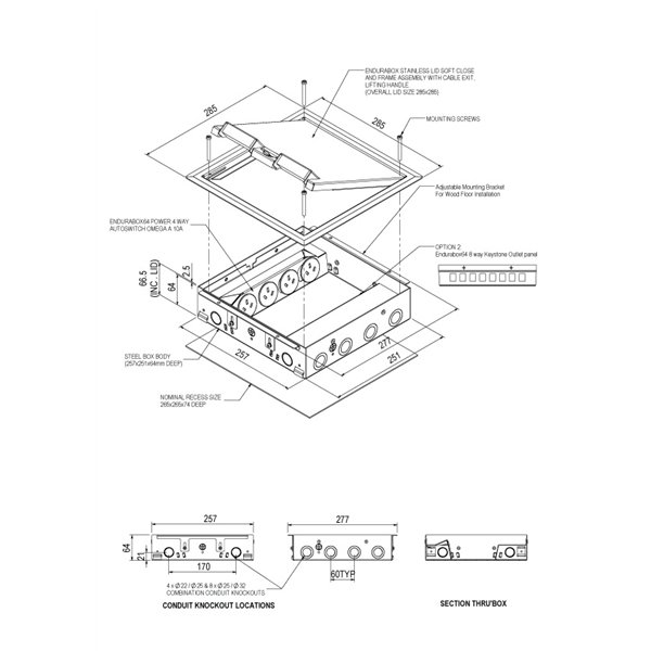 Floor Box 4 x Auto Swiched Power Outlets + Data Provisions Stainless Steel Heavy Duty Flush Lid (Soft Close)