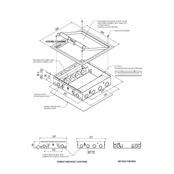 Floor Box 4 x Auto Swiched Power Outlets 8 x Keystone Data Provisions Stainless Steel Flush Lid 