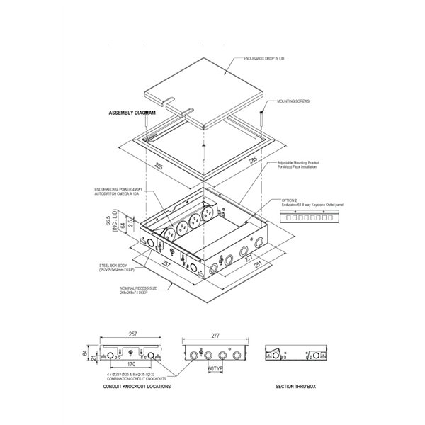Floor Box 4 x Auto Swiched Power Outlets 8 x Keystone Data Provisions Plastic Recess Lid 