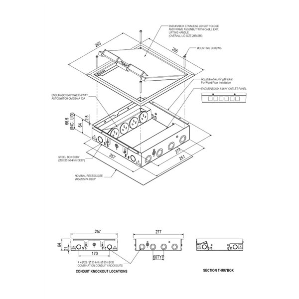 Floor Box 4 x Auto Swiched Power Outlets 6 x Data Provisions Stainless Steel Flush Lid 