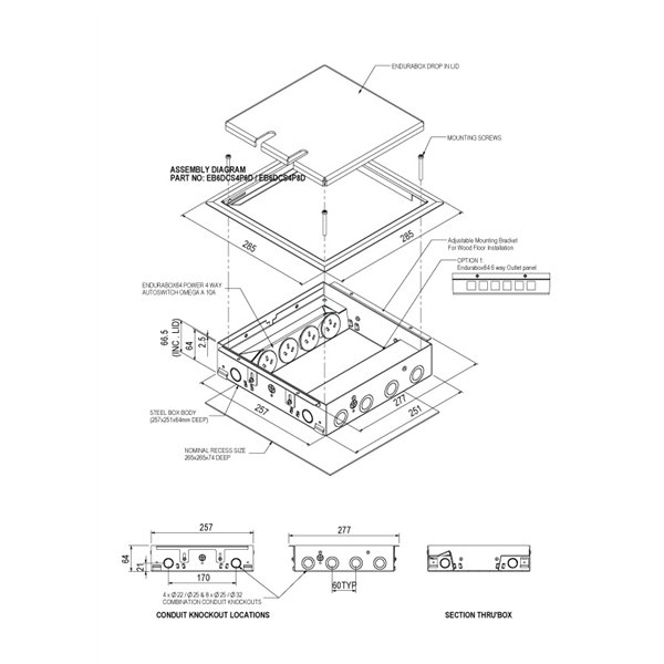 Floor Box 4 x Auto Swiched Power Outlets 8 x Keystone Data Provisions Steel Flush Lid 