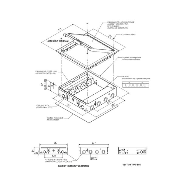 Floor Box 4 x Auto Swiched Power Outlets 8 x Keystone Data Provisions Stainless Steel Recess Lid 