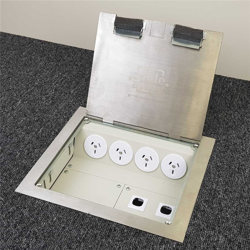 4 Power 4 Data Stainless Steel Square Edge Flush Floor Outlet Box