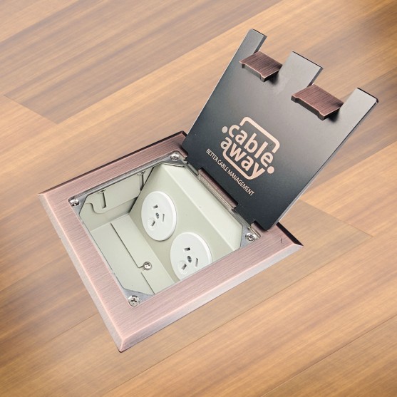 Shallow 65mm Floor Box with Antique Copper Flush Lid, 2 x Power, 3 x Data