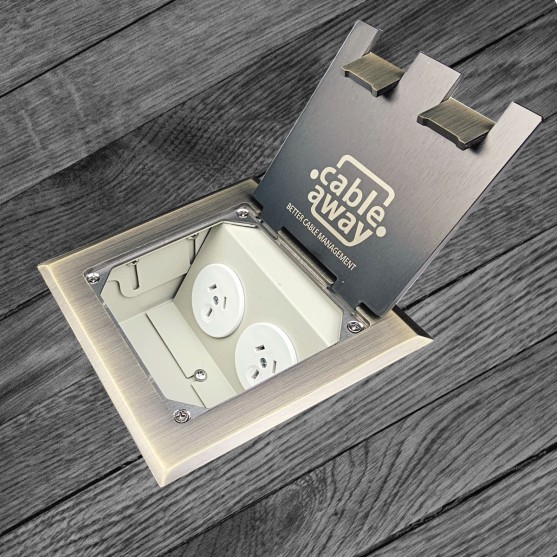 Shallow 65mm Floor Box with Antique Brass Flush Lid, 2 x Power, 3 x Data