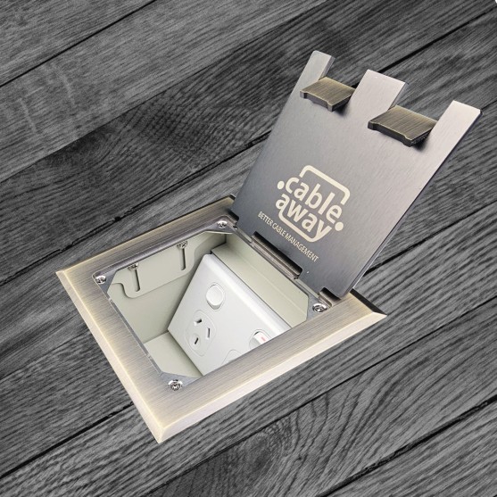 Floor Box with Antique Brass Flush Lid, 1 x Standard Double GPO