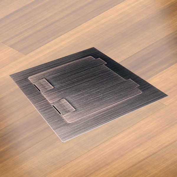 Floor Box with Square Edged Antique Copper Flush Lid, 1 Double GPO, USBA & USBC