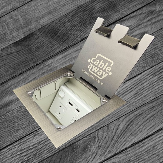 Floor Box with Square Edged Antique Brass Flush Lid, 1 Double GPO, USBA & USBC