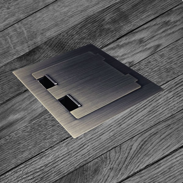 Floor Box with Square Edged Antique Brass Flush Lid, 1 Double GPO, USBA & USBC