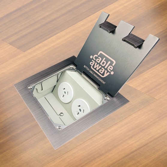 Shallow 65mm Floor Box with Square Edge Antique Copper Flush Lid, 2 x Power