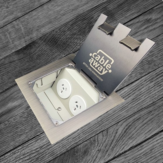 Shallow 65mm Floor Box with Square Edge Antique Brass Flush Lid, 2 x Power