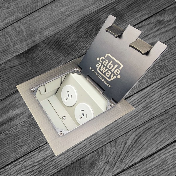 Shallow 65mm Floor Box with Square Edge Antique Brass Flush Lid, 2 x Power