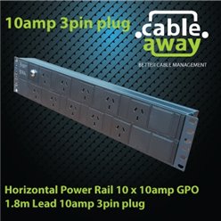 Horizontal Power Rail 10 x 10amp GPO 1.8m Lead 10amp 3pin plug