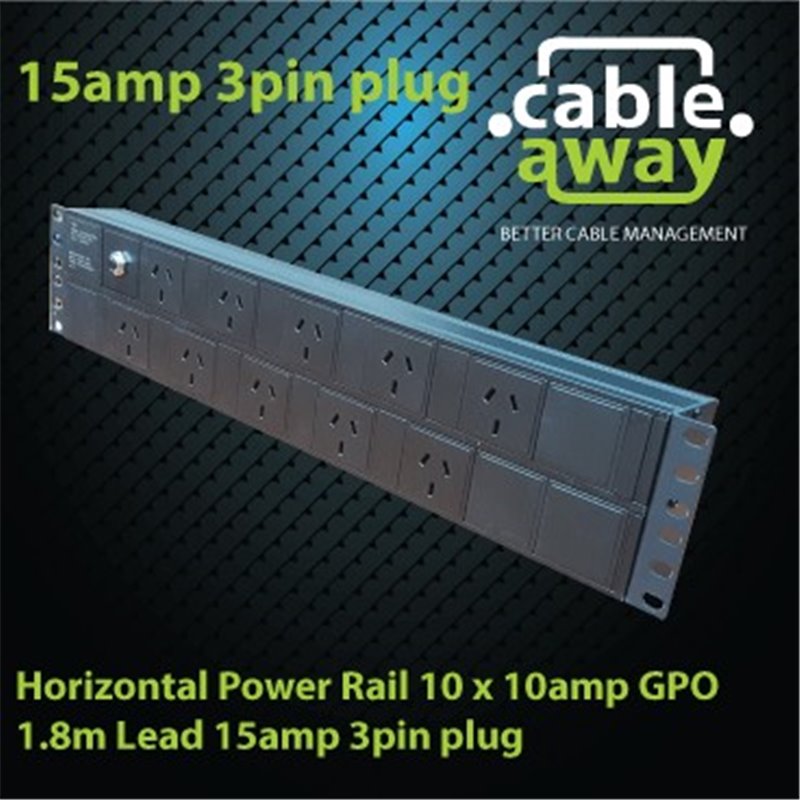 Horizontal Power Rail 10 x 10amp GPO 1.8m Lead 15amp 3pin plug