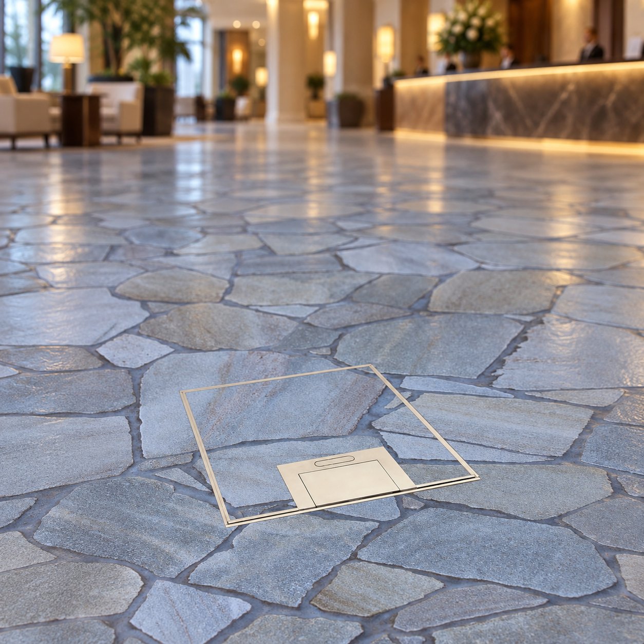 Brass flush floor outlet box installed in a stone hotel lobby floor