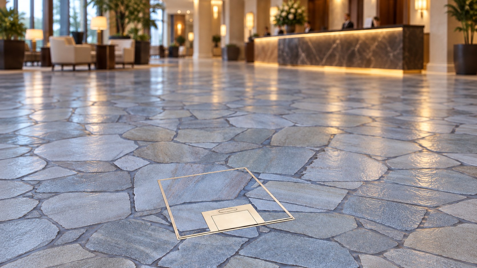 Brass floor outlet box set into a stone hotel foyer floor