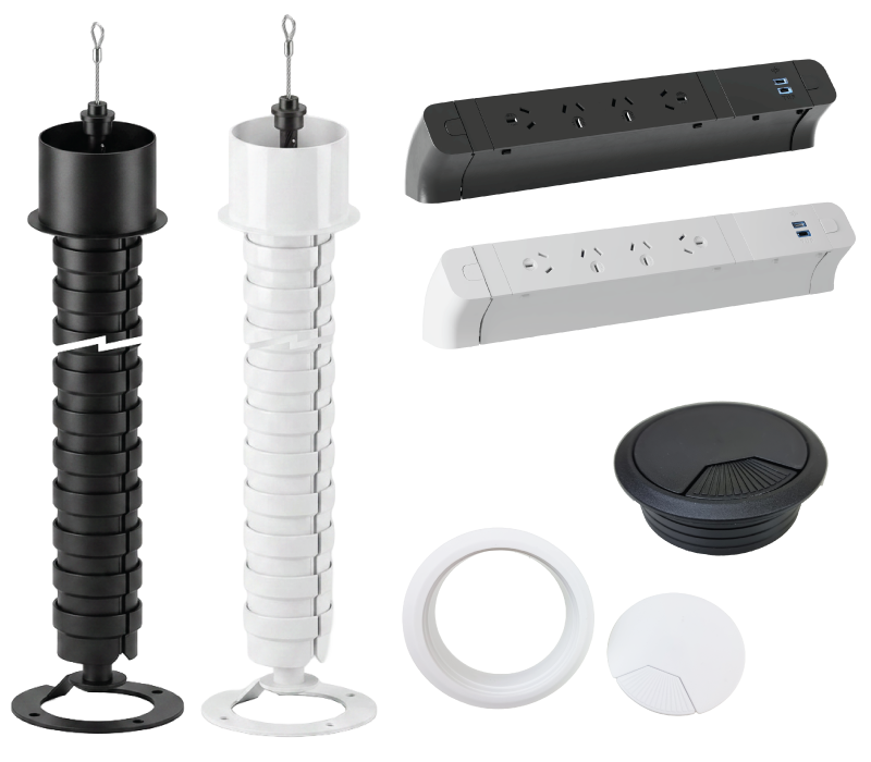 Desk cable spine, desk power unit and cable grommets